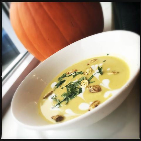 Curried Pumpkin Soup with Maple Syrup & Candied Pumpkin Seeds