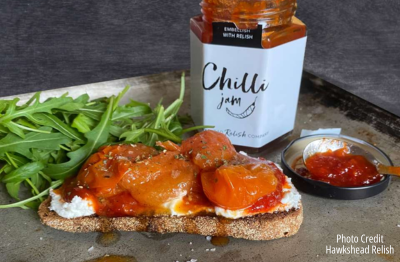 Tomato, Goats Cheese Spread & Chilli Jam Bruschetta