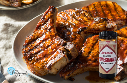 Savory Rhubarb & Pomegranate Glazed Pork Chops