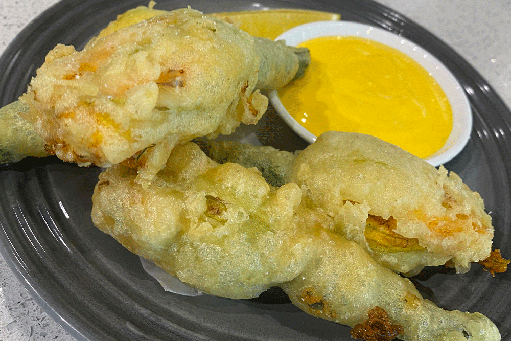 Cook Along with Chef Deniz: Crispy Zucchini Flowers Stuffed with Mascarpone and Crab with Saffron Emulsion