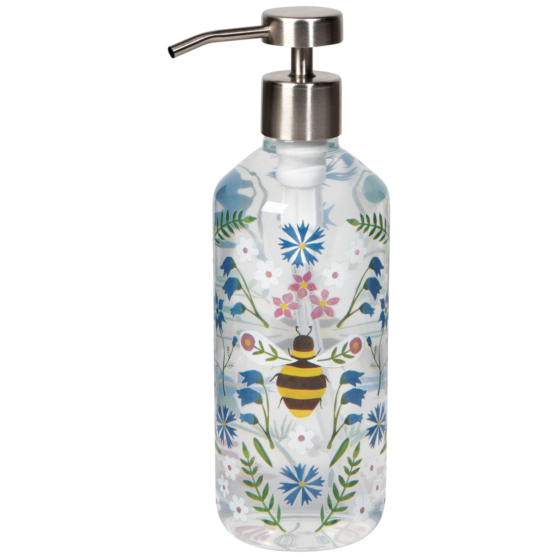 Glass dispenser with floral and bee design on a white background